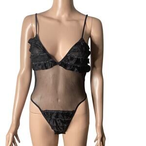 Vintage Darling Body Fashions Bodysuit Womens Medium Ruffles Sheer Midriff